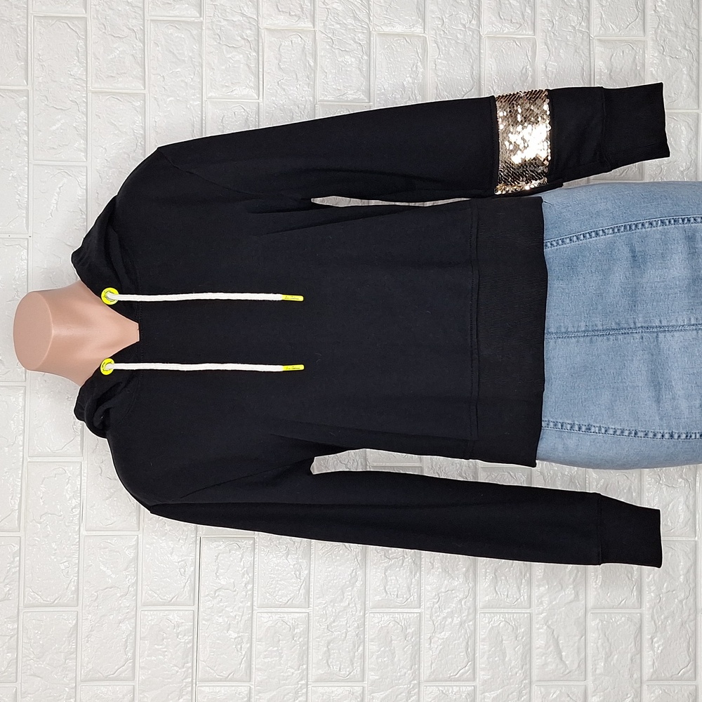 SAM EDELMAN Black Hooded Sweatshirt with Asymmetrical Sequin Detail on S…